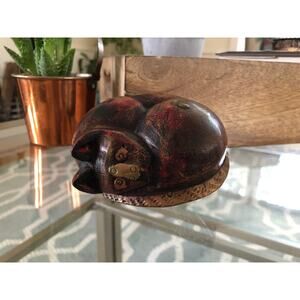 Vintage Hand Carved Wood Sleeping Cat with Brass Copper Detailing, Paperweight